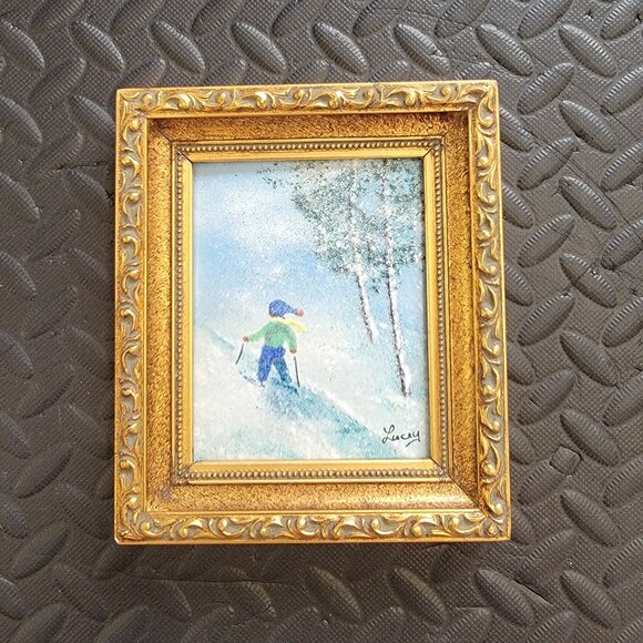 Winter Ski Scene Enamel on Copper Artwork By Jean Lucey, Framed & Signed, 7"x6" - Picture 2 of 16